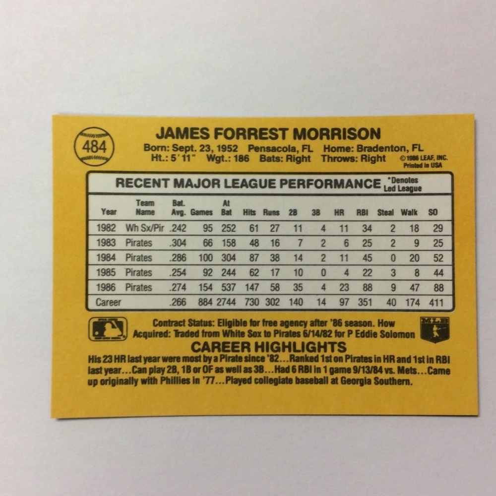 1987 Donruss - Jim Morrison #484 Pittsburgh Pirates Baseball Card NM - Picture 2 of 6